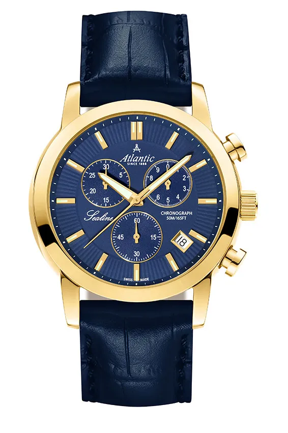 atlantic-watch-sealine-chrono-herren-gold-pvd-blau-lederband image 1