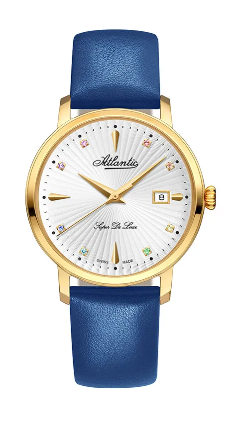 atlantic-watch-super-de-luxe-damenuhr-yellow-gold-pvd-blue-mit-edelsteinen image 1