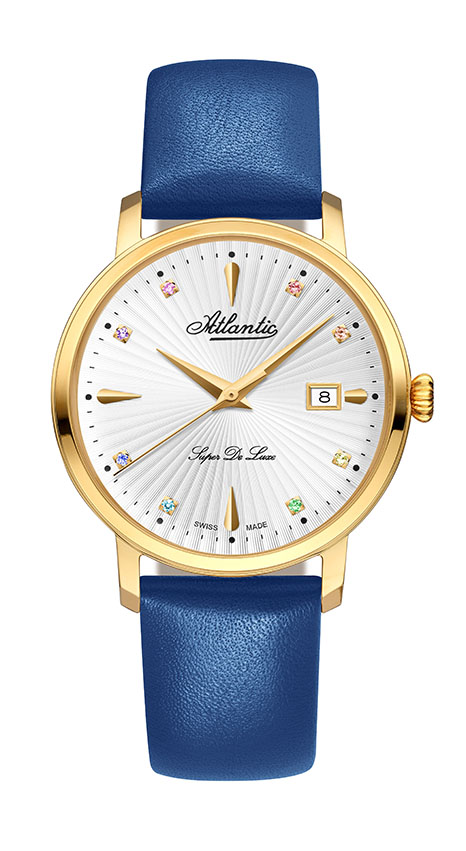 atlantic-watch-super-de-luxe-damenuhr-yellow-gold-pvd-blue-mit-edelsteinen image 1