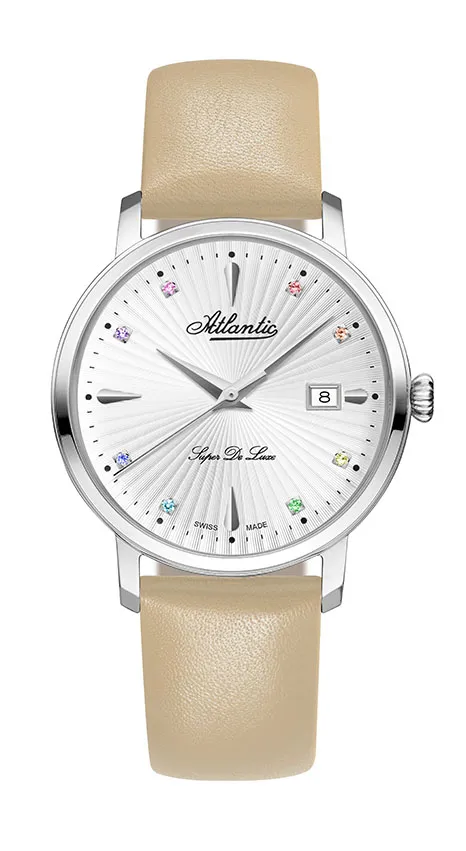 atlantic-watch-super-de-luxe-precious-stones-damen-armbanduhr-creme-leder image 1