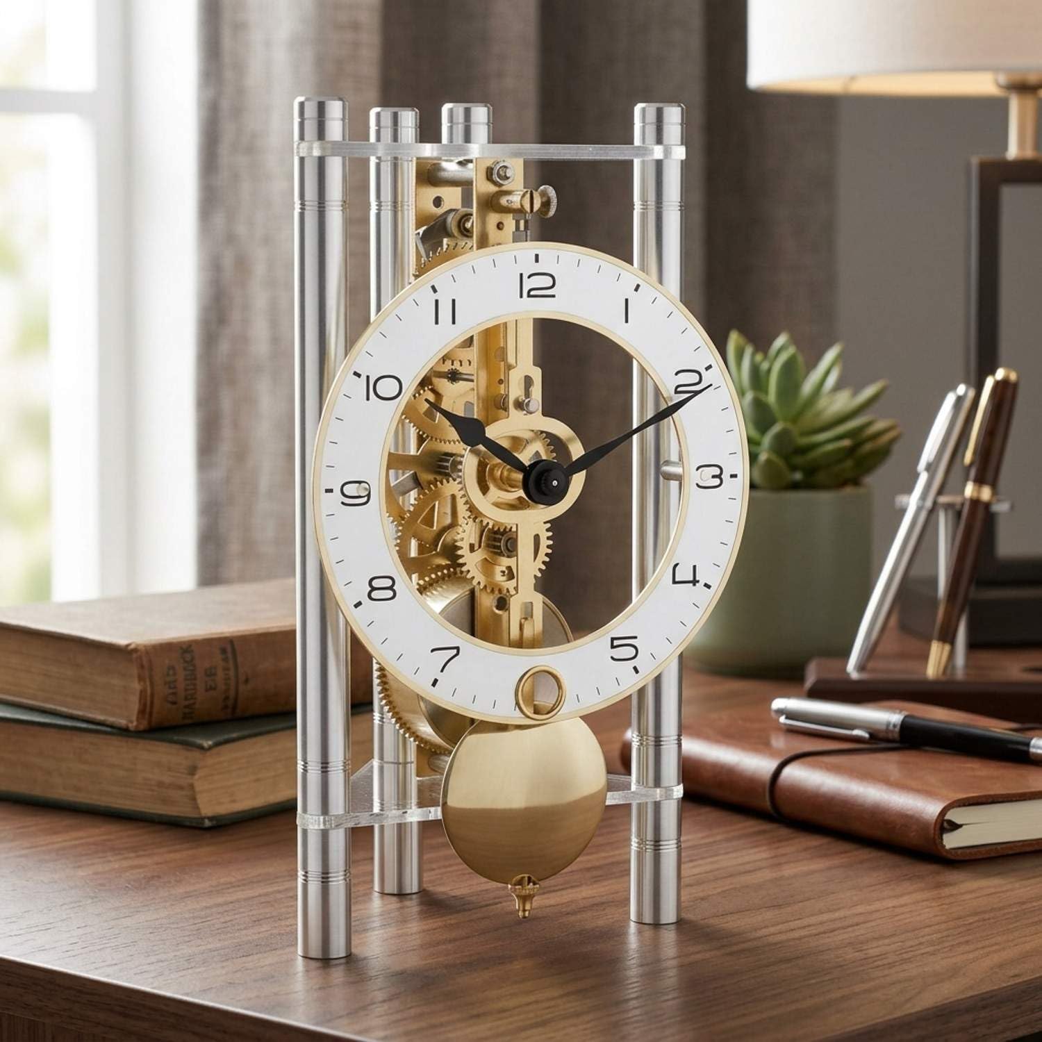 hermle-23024-x40721-dreieck-skelett-tischuhr-arabisch-druck-silber image 2