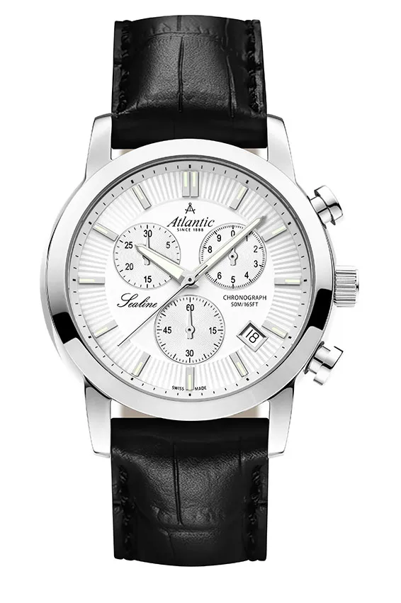 atlantic-watch-sealine-gents-chrono-herrenuhr-silber-leder image 1